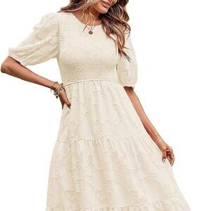 Women's 2024 Summer Puff Sleeve Smocked Floral Dress Crewneck Lace Flowy Tiered